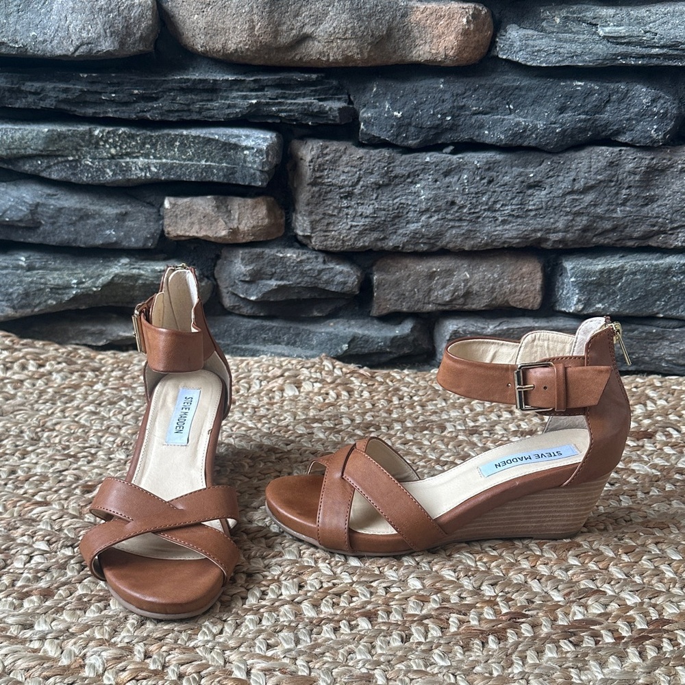 Steve Madden Brown Wedge Sandals with Crisscross Straps, Size 8.5